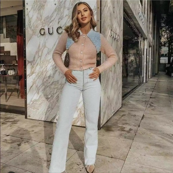 Zara Wool Alpaca Blend Contrast Collar Sweater Front Jewel/Rhinestone Button Med - Picture 3 of 13